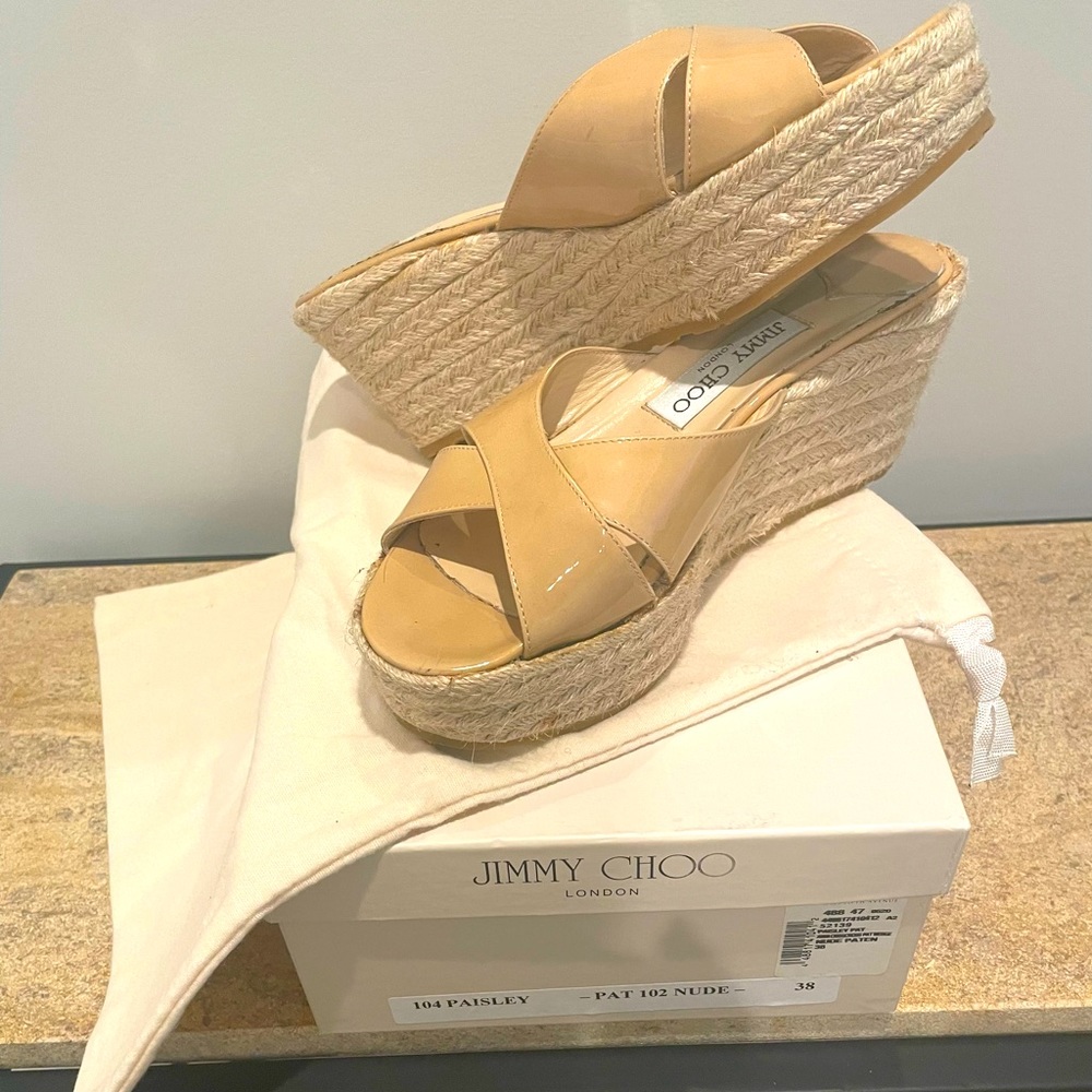 Jimmy Choo nude patent Platform Espadrille sandal.